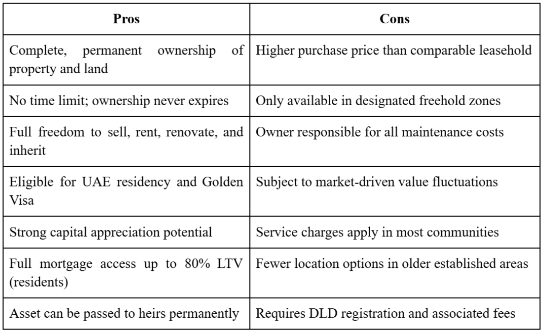 Freehold property in Dubai pros & cons